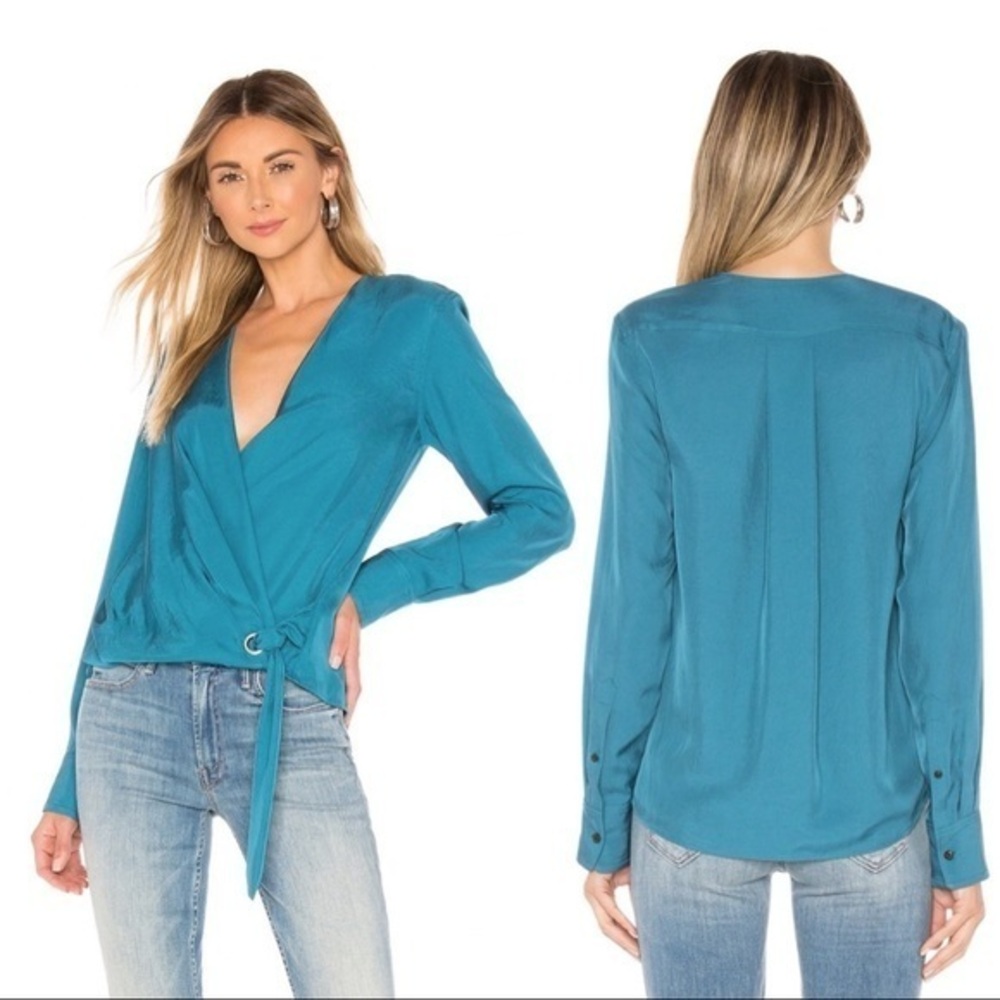 Rag & Bone Felix Tie Front Wrap Blue Long Sleeve CrinkleCrepe Texture Blouse Top